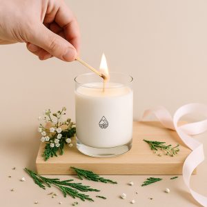 The Cairngorms candle from the Highland Candle Company--A hand lights a creamy white candle in a clear glass container featuring a minimalist mountain-and-forest logo. The candle is placed on a light wooden board, surrounded by delicate baby’s breath flowers, evergreen sprigs, and a soft pink ribbon. The background is a smooth beige surface, creating a calm and natural aesthetic.