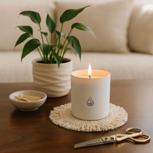 A lit candle in a minimalist white jar with a subtle mountain-and-water logo sits on a fringed mat atop a wooden table. Nearby are a potted plant, a ceramic dish of matches, and a pair of gold-handled scissor wick trimmers. A beige sofa in the background creates a warm, cosy atmosphere. This is a candle from the Highland Candle Company, a Scottish candle company. This is their 'Ullapool' line