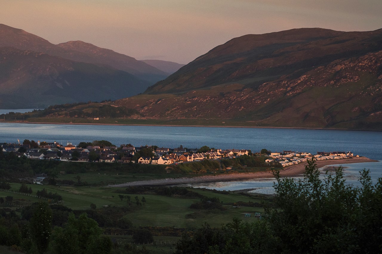 a view of Ullapool at sunset