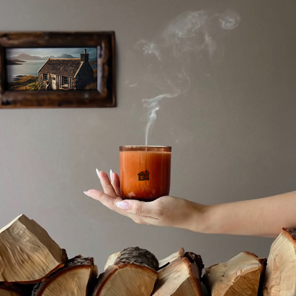 A hand holds an amber glass candle, smoke rising from the wick, firewood in the foreground. Highland Candle Company, Ullapool.