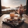 A serene Scottish Highland candle setting with clean, dust-free candles on a rustic wooden table.