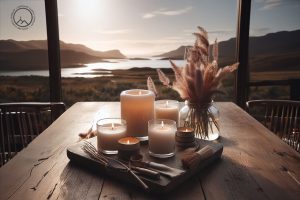A serene Scottish Highland candle setting with clean, dust-free candles on a rustic wooden table.
