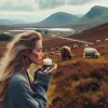 In the Highlands of Scotland countryside hills, surrounded by Highland cows, with a backdrop of rolling hills and lochs. A blonde hair Woman stands smelling a candle wondering What Is Candle Throw and Why It Matters