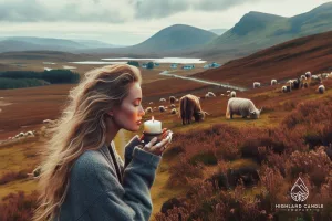 In the Highlands of Scotland countryside hills, surrounded by Highland cows, with a backdrop of rolling hills and lochs. A blonde hair Woman stands smelling a candle wondering What Is Candle Throw and Why It Matters