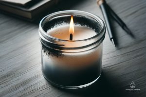 A close-up of a candle jar with black soot on the inner sides of the glass, with the candle still burning inside. The flame is slightly flickering, highlighting the soot accumulation. With the Highland Candle Company logo in the corner.