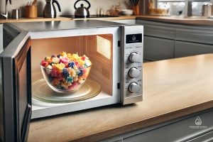 An open microwave oven in a modern kitchen with a bowl of colourful wax chunks inside. Can you microwave soy wax? We find out here using a bowl that is clear glass, sitting on the microwave's rotating plate. The kitchen has modern countertops and some appliances visible in the background. The scene is well-lit, emphasising the vibrant wax colours and the microwave.