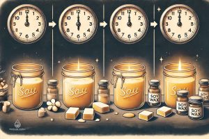 Visual representation of the soy wax hardening process over time, showing stages at 0-4 hours, 4-24 hours, and 24-48 hours, illustrating how long soy wax takes to harden. Made by the Highland Candle Company
