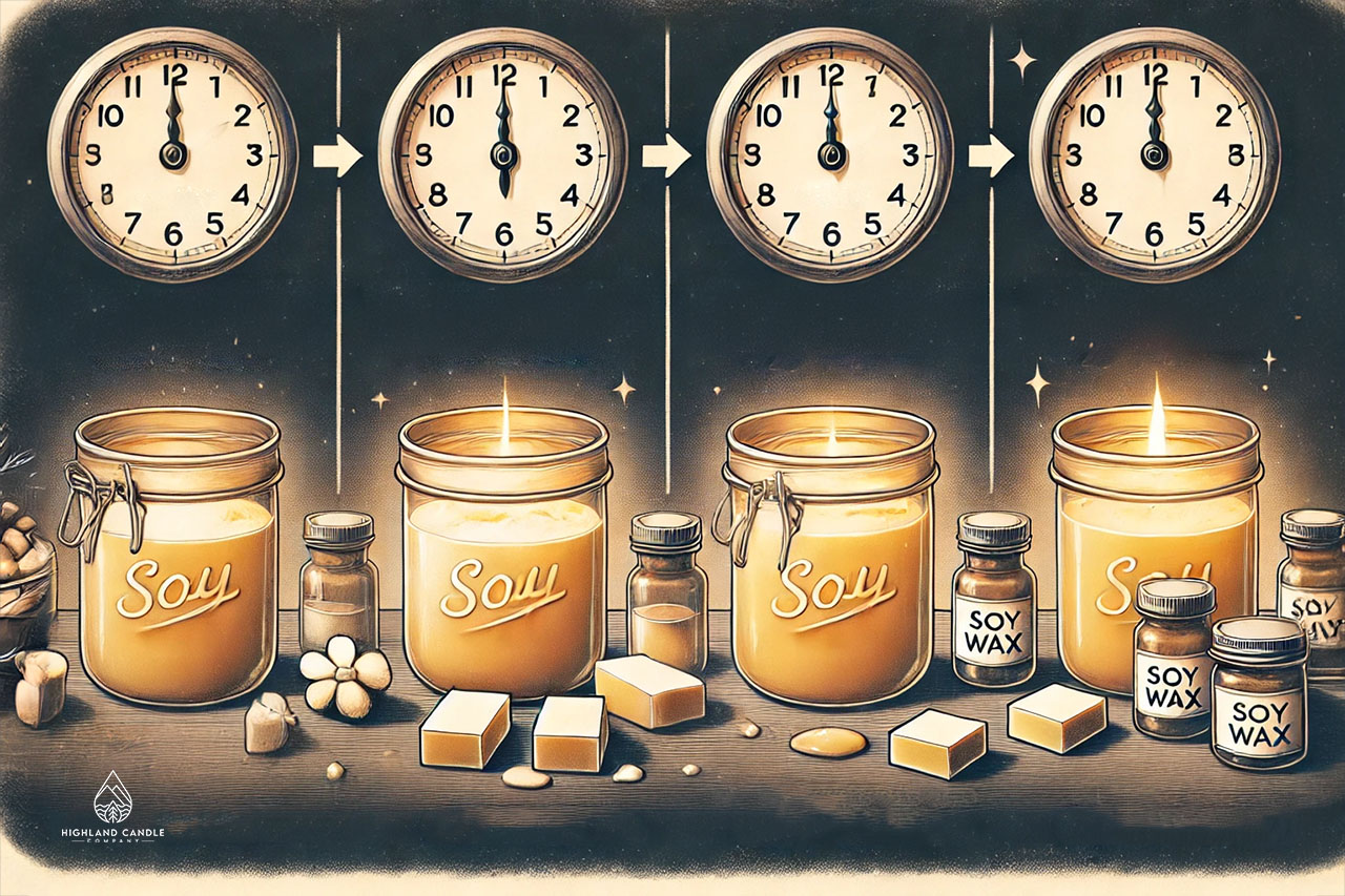 Visual representation of the soy wax hardening process over time, showing stages at 0-4 hours, 4-24 hours, and 24-48 hours, illustrating how long soy wax takes to harden. Made by the Highland Candle Company