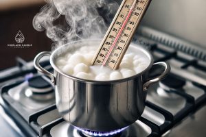 A close-up image showing what happens if you overheat soy wax. The white soy wax is boiling in a pot with steam rising, and a thermometer clearly indicates an overheating temperature. The background is a kitchen setting with a stove, illustrating the candle-making process.