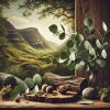 Fresh eucalyptus leaves arranged on weathered wood in a Highland-inspired setting, capturing the natural beauty and refreshing aroma of what eucalyptus smells like.