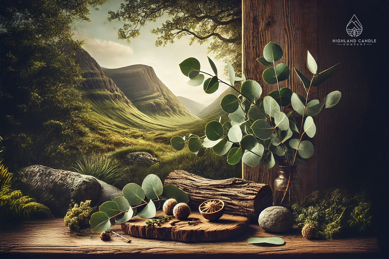 Fresh eucalyptus leaves arranged on weathered wood in a Highland-inspired setting, capturing the natural beauty and refreshing aroma of what eucalyptus smells like.