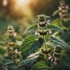 A close-up image of a patchouli plant with lush green leaves and small purple flowers in a serene natural setting. Sunlight softly filters through the background, highlighting the plant’s textured leaves, often associated with a unique, earthy aroma. The image evokes the question, 'What does patchouli smell like?' capturing its rich, grounding scent often used in aromatherapy and herbal applications.
