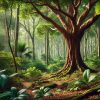 A sandalwood tree in its natural forest habitat, surrounded by lush green foliage and dappled sunlight filtering through the canopy. The tree's thick, textured bark and vibrant leaves capture the essence of sandalwood in the wild, evoking the warm, earthy scent often associated with it. Ideal for an article exploring 'What Does Sandalwood Smell Like?' and the natural origins of this aromatic wood.