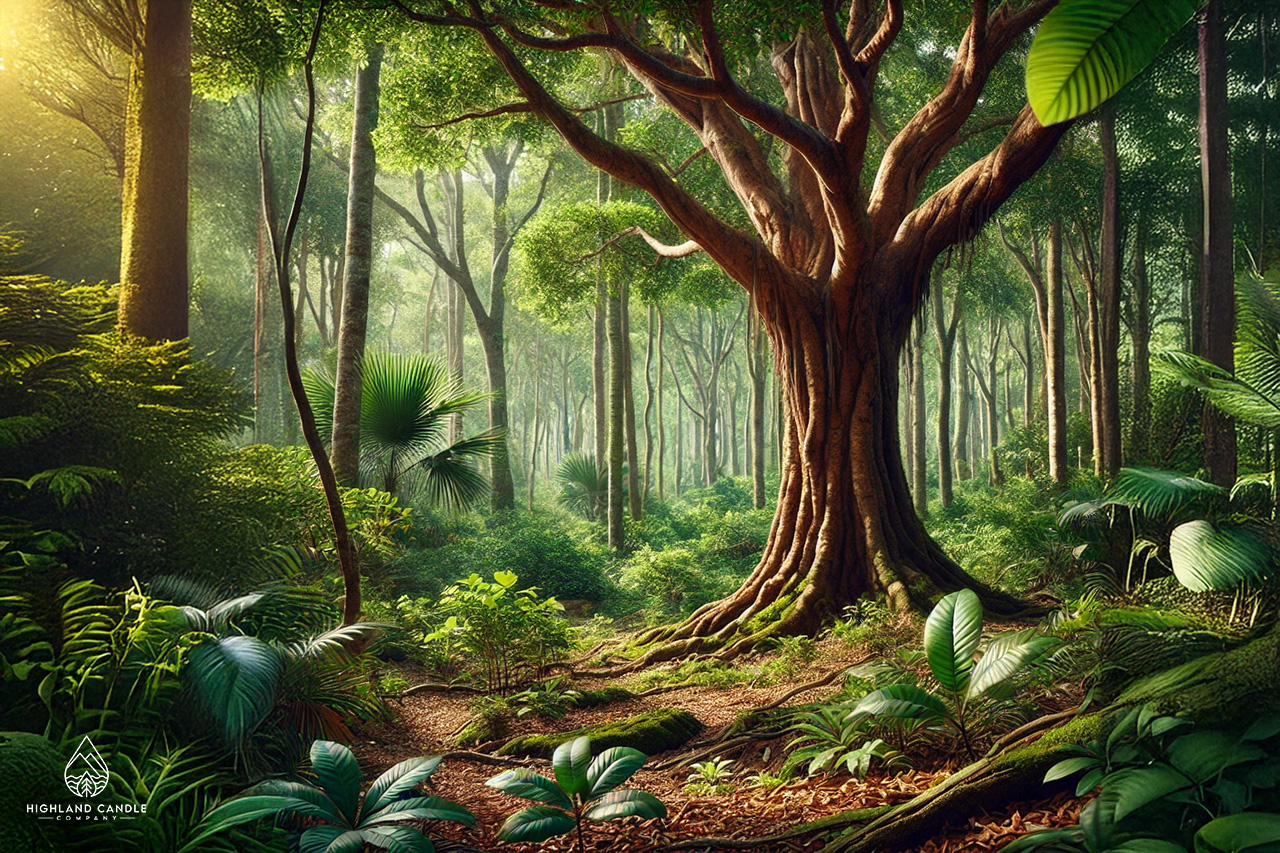 A sandalwood tree in its natural forest habitat, surrounded by lush green foliage and dappled sunlight filtering through the canopy. The tree's thick, textured bark and vibrant leaves capture the essence of sandalwood in the wild, evoking the warm, earthy scent often associated with it. Ideal for an article exploring 'What Does Sandalwood Smell Like?' and the natural origins of this aromatic wood.