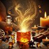 An evocative image illustrating the question 'What does amber smell like?' A glowing amber resin sits in the centre, releasing golden wisps of scent. The resin is surrounded by warm elements like soft glowing candles, dried cinnamon sticks, and vanilla pods, arranged in an earthy-toned setting. Light mist swirls through the scene, hinting at a rich, musky, and slightly sweet fragrance, creating a cosy, ancient, and mysterious ambience.