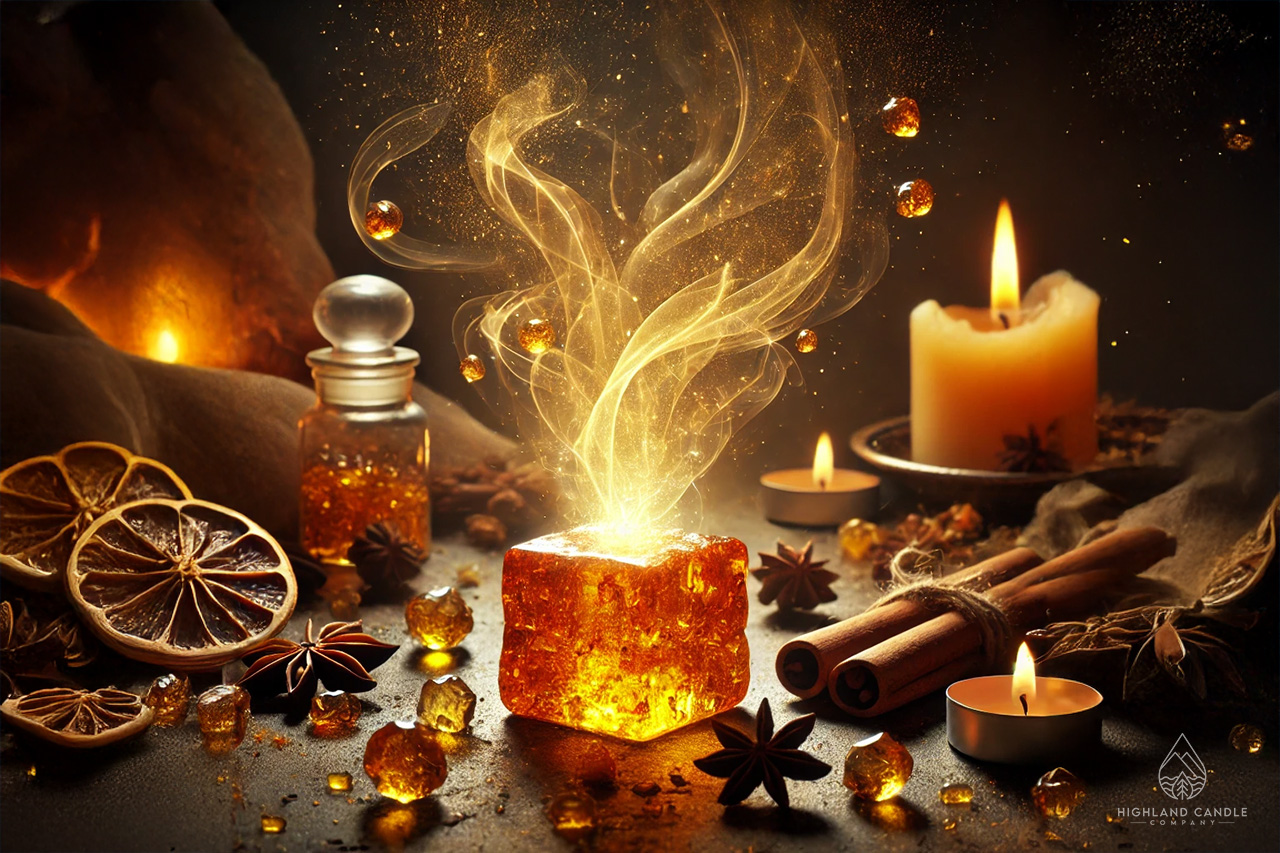 An evocative image illustrating the question 'What does amber smell like?' A glowing amber resin sits in the centre, releasing golden wisps of scent. The resin is surrounded by warm elements like soft glowing candles, dried cinnamon sticks, and vanilla pods, arranged in an earthy-toned setting. Light mist swirls through the scene, hinting at a rich, musky, and slightly sweet fragrance, creating a cosy, ancient, and mysterious ambience.