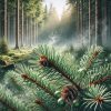 A realistic close-up of pine branches with vibrant green needles and small cones, illustrating the question 'What does pine smell like?' Wisps of earthy, fresh fragrance drift from the branches, evoking a cool, crisp scent. In the background, a dense pine forest stretches out in a soft blur, with hints of mist adding to the refreshing, natural ambience.