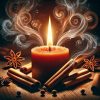 An artistic representation of the question 'What Does Cinnamon Smell Like?' featuring a glowing candle surrounded by cinnamon sticks. Soft, aromatic wisps of smoke swirl around the candle, illuminated by its warm, amber light. The dark, cosy background enhances the glowing atmosphere, evoking the sensory experience of cinnamon's warm and spicy aroma.