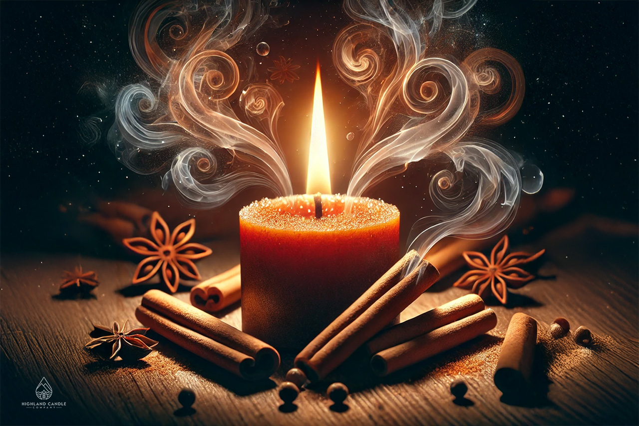 An artistic representation of the question 'What Does Cinnamon Smell Like?' featuring a glowing candle surrounded by cinnamon sticks. Soft, aromatic wisps of smoke swirl around the candle, illuminated by its warm, amber light. The dark, cosy background enhances the glowing atmosphere, evoking the sensory experience of cinnamon's warm and spicy aroma.