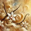 An abstract artistic representation of the question 'What Does Vanilla Smell Like?' featuring soft, creamy swirls in ivory and pale golden tones. Vanilla beans and delicate blossoms are subtly integrated into the design, surrounded by gentle wisps of aromatic clouds. The image has a warm and inviting glow, evoking the sweet and comforting essence of vanilla, with a softly textured, dreamy background.