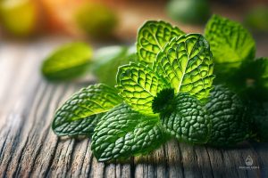 Fresh peppermint leaves are displayed on a rustic wooden surface, showcasing vibrant green colours and natural texture. Perfect for illustrating 'What does peppermint smell like?'
