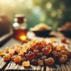 Frankincense resin is displayed on a natural wooden surface, featuring small, amber-coloured chunks with a semi-translucent texture. The rustic background highlights the organic nature of frankincense.