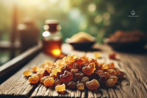 Frankincense resin is displayed on a natural wooden surface, featuring small, amber-coloured chunks with a semi-translucent texture. The rustic background highlights the organic nature of frankincense.