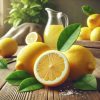 Fresh lemons on a rustic wooden table, with one cut in half revealing its juicy interior, surrounded by vibrant green leaves, illustrating the zesty essence of what does lemon smell like.
