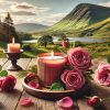 A handcrafted rose-scented candle on a rustic wooden table, surrounded by fresh rose petals with the lush green hills of the Highlands of Scotland in the background, capturing the essence of what does rose smell like.
