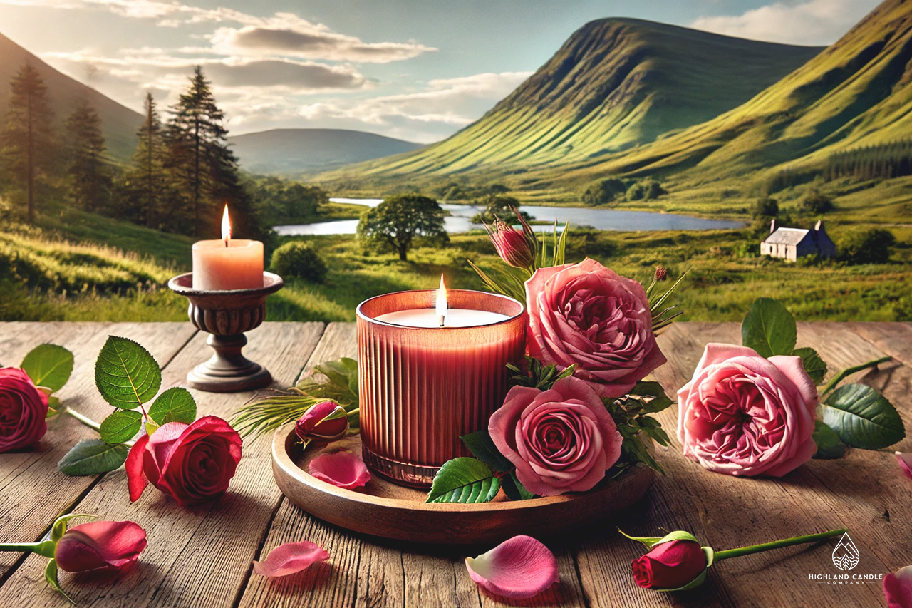 A handcrafted rose-scented candle on a rustic wooden table, surrounded by fresh rose petals with the lush green hills of the Highlands of Scotland in the background, capturing the essence of what does rose smell like.