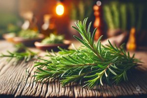 Fresh rosemary sprigs are displayed on a rustic wooden surface, showcasing vibrant green needle-like leaves. Perfect for illustrating 'What does rosemary smell like?'
