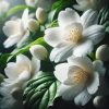 What does jasmine smell like? Close-up of blooming jasmine flowers with pure white petals and vibrant green leaves, showcasing the elegant beauty and sweet, floral fragrance of jasmine.