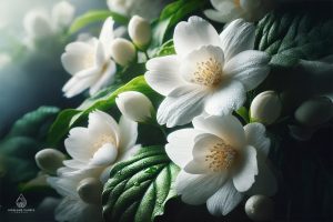 What does jasmine smell like? Close-up of blooming jasmine flowers with pure white petals and vibrant green leaves, showcasing the elegant beauty and sweet, floral fragrance of jasmine.