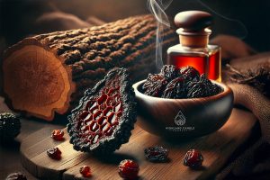 Close-up of oud resin and Aquilaria tree wood, showcasing the rich, dark texture and aromatic essence of oud, with soft smoke rising in the background for a luxurious ambience. Image created for the article 'What does oud smell like' for the Highland Candle Company.
