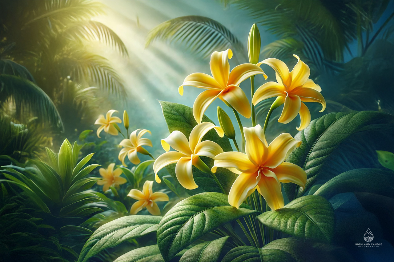 Bright yellow ylang-ylang flowers with star-shaped petals surrounded by lush green leaves, capturing the tropical beauty and evoking the exotic aroma described in 'What does ylang ylang smell like?'