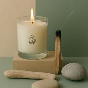 A minimalist product photo features a lit candle labeled "FYRISH" from The Highland Candle Company. The candle is in a frosted glass jar and sits atop a circular stone pedestal. Surrounding it are smooth river stones and a smouldering Palo Santo stick releasing a delicate curl of smoke. The backdrop is a split of muted beige and sage green, creating a calming, natural atmosphere.