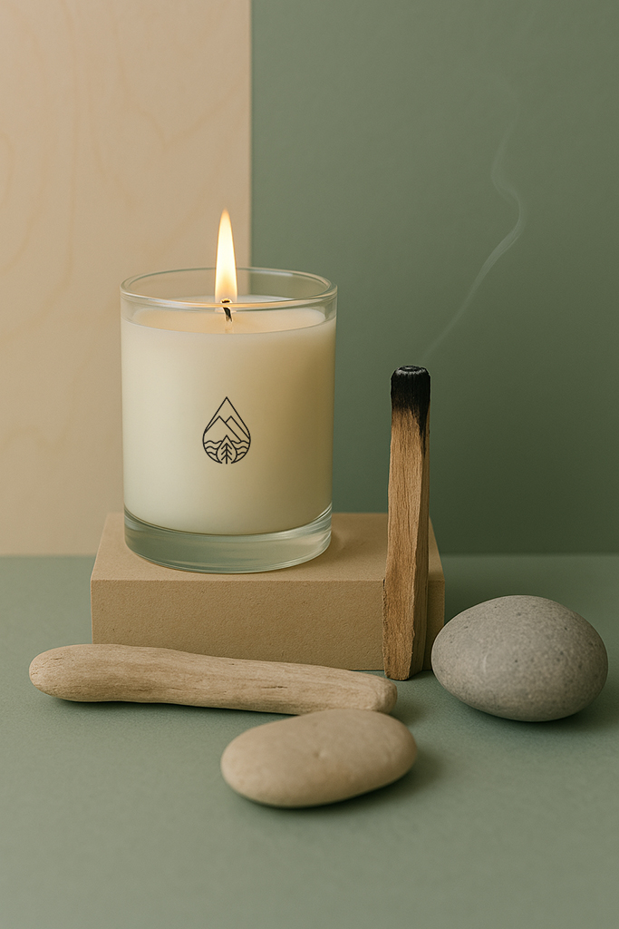 Fyrish - Highland Candle Company A minimalist product photo features a lit candle labeled "FYRISH" from The Highland Candle Company. The candle is in a frosted glass jar and sits atop a circular stone pedestal. Surrounding it are smooth river stones and a smouldering Palo Santo stick releasing a delicate curl of smoke. The backdrop is a split of muted beige and sage green, creating a calming, natural atmosphere.