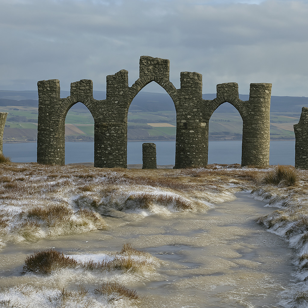 A frosty path winds through snow-dusted heather leading to the stone arches of the Fyrish Monument, set against the backdrop of a calm firth and distant farmland under a cloudy sky