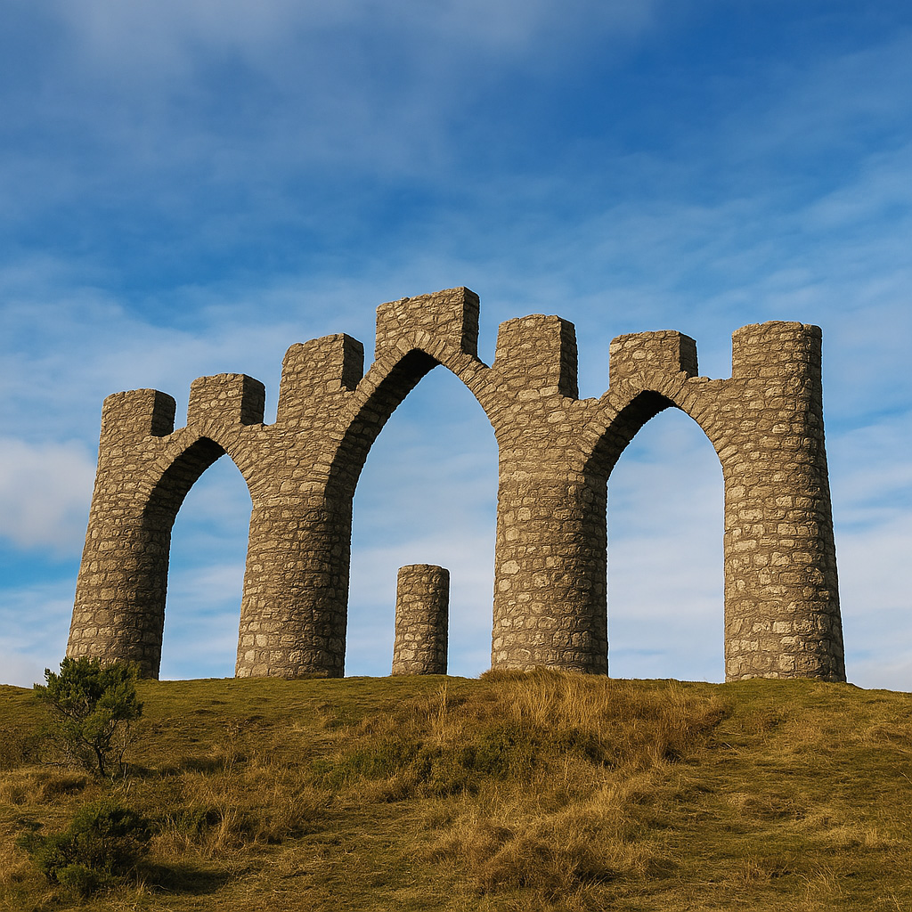 The Fyrish Monument stands tall on a grassy hillside under a bright blue sky, its weathered stone arches casting long shadows in the late afternoon light.