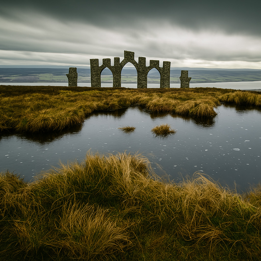 The Fyrish Monument rises beyond a still, reflective pond surrounded by golden windswept moorland, with a dramatic overcast sky stretching over the layered Highland landscape.