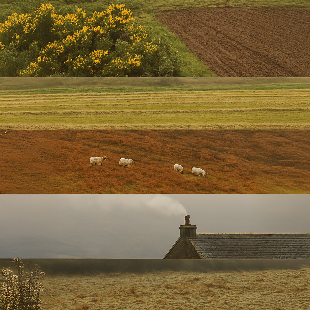 A seasonal Scottish landscape collage representing crofting life through the year — spring gorse and ploughed fields, summer hay rows, autumn bracken with grazing sheep, and a winter croft chimney with smoke rising.