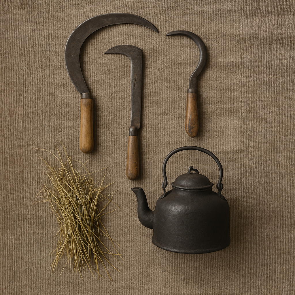 A flat lay of vintage crofting tools and a soot-blackened kettle on burlap, symbolising seasonal labour in the Scottish Highlands, including a scythe, sickle, and dried hay.