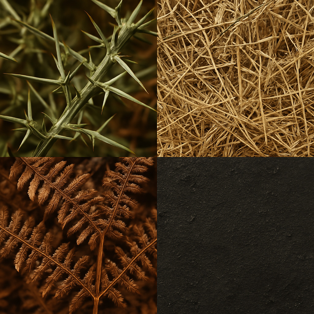 A minimalist grid of natural textures representing 'The Crofter's Year' candle’s four evolving scents: sharp gorse thorns, dry Highland hay, decaying autumn bracken, and dark chimney soot.