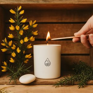 A hand lights “The Crofter’s Year” candle by the Highland Candle Company, set in a rustic wooden display with sprigs of gorse, pine, and straw or hay. The candle sits beside a smooth white stone, with warm, earthy tones evoking a natural, countryside atmosphere.