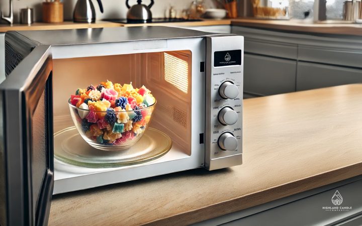 An open microwave oven in a modern kitchen with a bowl of colourful wax chunks inside. Can you microwave soy wax? We find out here using a bowl that is clear glass, sitting on the microwave's rotating plate. The kitchen has modern countertops and some appliances visible in the background. The scene is well-lit, emphasising the vibrant wax colours and the microwave.