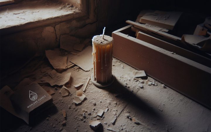 Do candles expire? A candle sits unlit in an abandoned floor building, in an extremely dusty setting. Some daylight shines through onto the candle