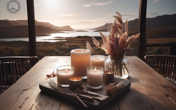 A serene Scottish Highland candle setting with clean, dust-free candles on a rustic wooden table.