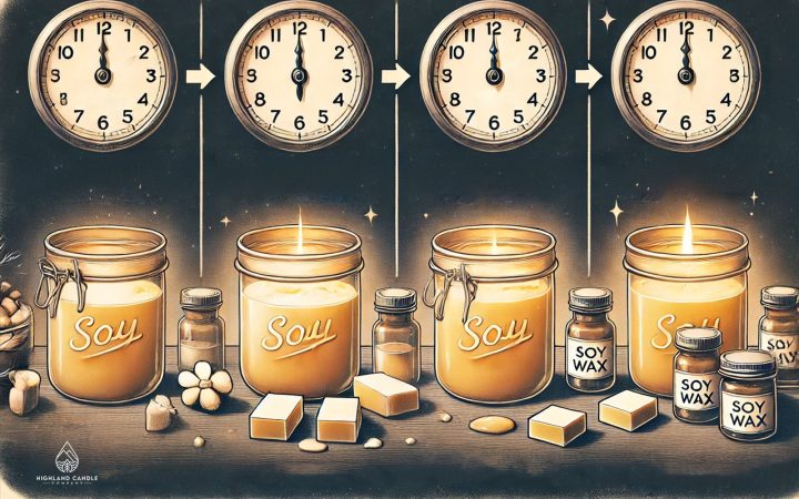 Visual representation of the soy wax hardening process over time, showing stages at 0-4 hours, 4-24 hours, and 24-48 hours, illustrating how long soy wax takes to harden. Made by the Highland Candle Company