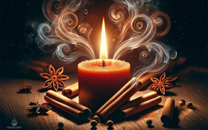 An artistic representation of the question 'What Does Cinnamon Smell Like?' featuring a glowing candle surrounded by cinnamon sticks. Soft, aromatic wisps of smoke swirl around the candle, illuminated by its warm, amber light. The dark, cosy background enhances the glowing atmosphere, evoking the sensory experience of cinnamon's warm and spicy aroma.