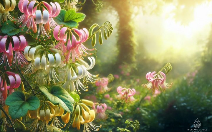 Close-up of vibrant pink, white, and yellow honeysuckle flowers in a sunlit garden, showcasing their delicate petals and lush green leaves. The serene background highlights a dreamy, fragrant atmosphere. Featured image for Highland Candle Company's article: 'What Does Honeysuckle Smell Like?'